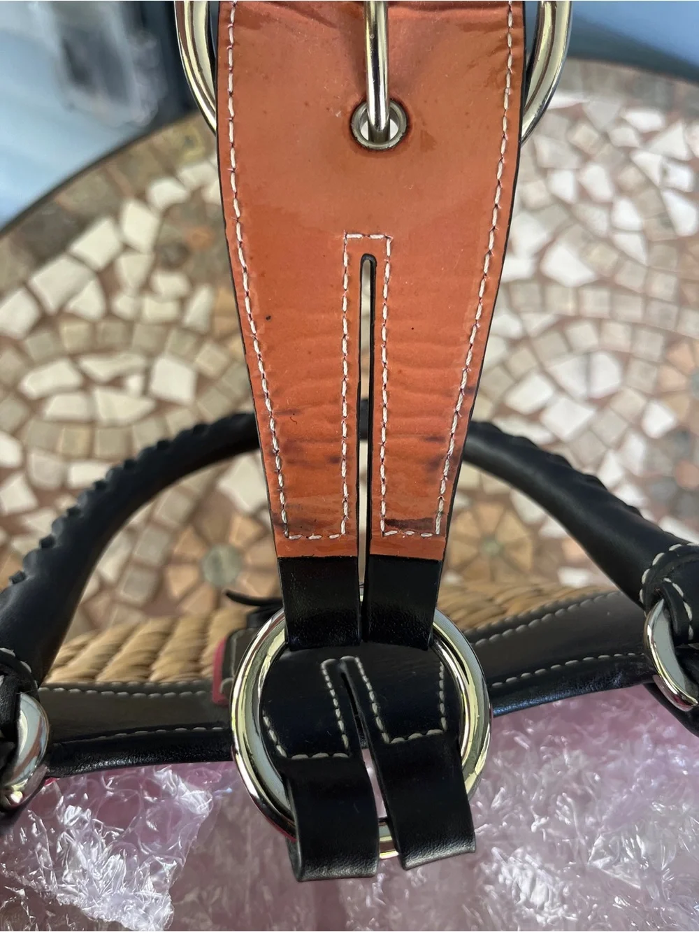 Coach Straw Tote with Black Leather Trim and Pink Accents